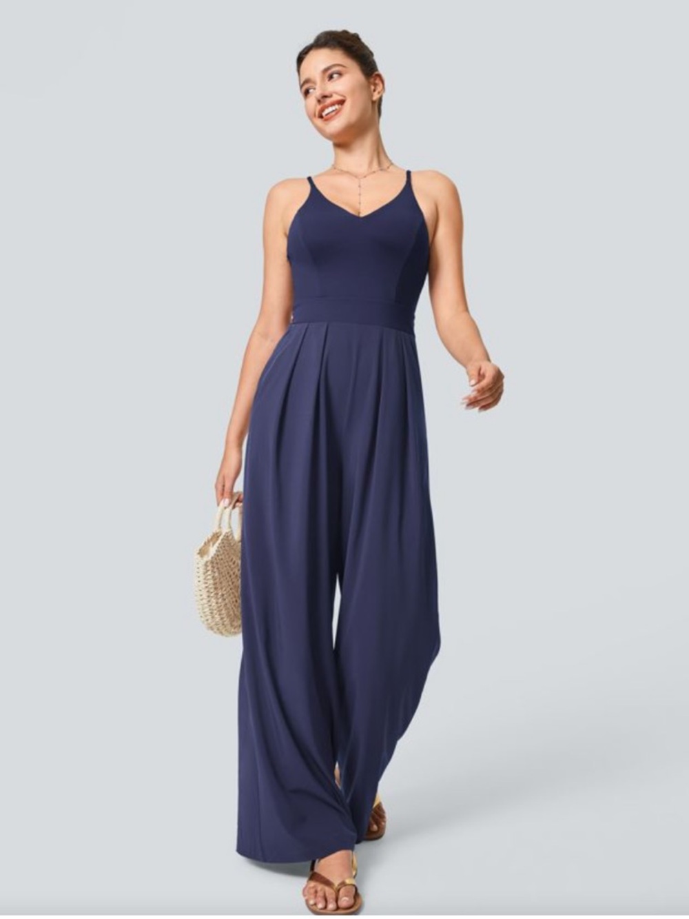 HALARA Navy Wide-Leg Spaghetti Strap Jumpsuit